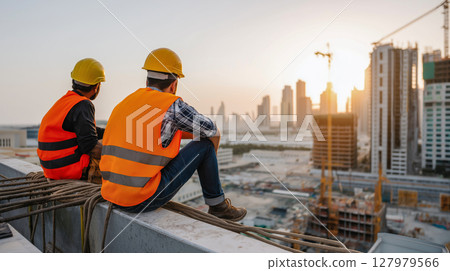 Construction workers relax on industrial building rooftop at sunset overlooking city skyline 127979566