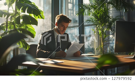 businessman reviewing documents in modern office businessman reviewing documents in modern office 127979592
