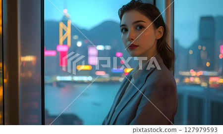 woman in suit night city view hong kong skyline woman in suit night city view hong kong skyline 127979593