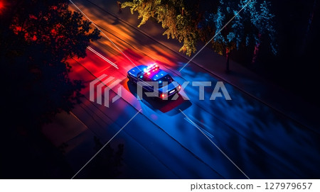 night police car driving on city street 127979657