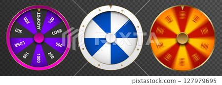 Vector collection of colorful casino spinning wheels with segments, jackpot areas, and motion effect on transparent background. Perfect for games, icons, gambling, prizes, and app design 127979695