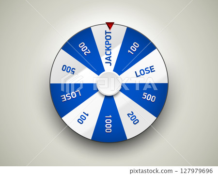 White blue fortune wheel spin mashine. Cut frame, isolated on white background. Casino banner design element or icon. Blue and white color sector 127979696