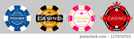 Set of colorful online poker and casino chips icons with modern typography and minimalistic style. Solid flat colors. Perfect for gambling UI, slot machine interfaces, and betting platforms 127979703