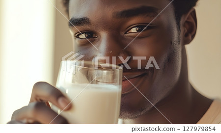 man enjoying a glass of milk 127979854