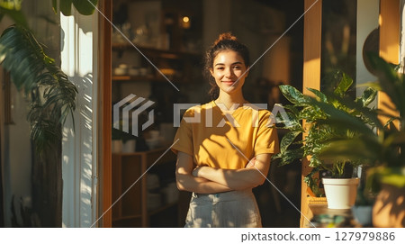 young woman small business owner standing in shop young woman small business owner standing in shop 127979886