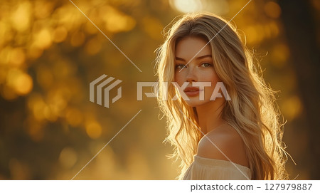 golden hour beauty portrait of freckled woman 127979887