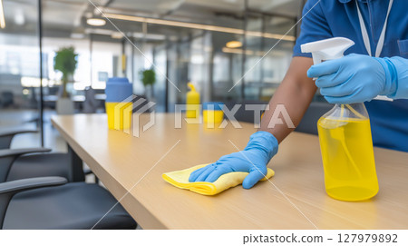 Cleaning worker sanitizes office table to maintain a hygienic environment 127979892