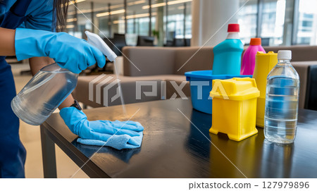Cleaning worker diligently sanitizes office table 127979896
