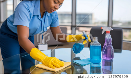 Cleaning worker efficiently sanitizing an office table in a modern corporate environment 127979899