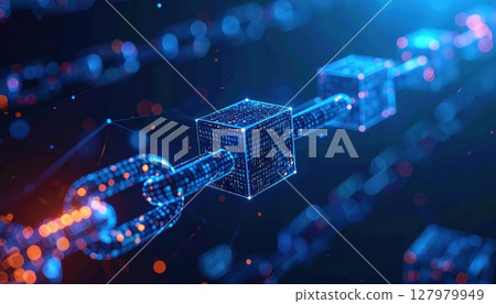 High Tech Digital Blockchain Chain with Cubes and Light Effects Representing Data Security and Cryptocurrency Technology Visualization 127979949