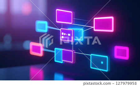 Vibrant neon digital network illustration showing interconnected screens and nodes representing technology communication and data transfer in a futuristic style Vibrant neon digital network illustration showing interconnected screens and nodes representing technology communication and data transfer in a futuristic style 127979958