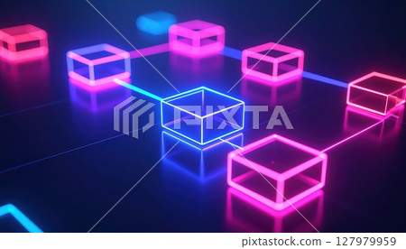 Neon Glow Blockchain Digital Network Illustration with Connected Cubes in Bright Pink and Blue on Dark Background 127979959