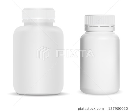 White plastic pill bottle. Supplement jar set 127980020