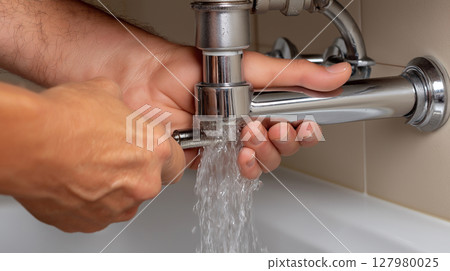Hand repairs a leaking pipe under the sink Hand repairs a leaking pipe under the sink 127980025