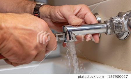 Hands repairing a leaking pipe under the sink 127980027
