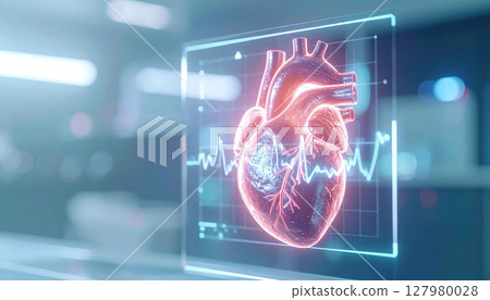 Advanced medical heart diagnosis technology with digital 3D hologram of human heart and ECG display for cardiology health analysis and medical innovation 127980028