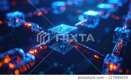 Futuristic digital network with glowing interconnected blocks and data points highlighting advanced technology and data communication in a high-tech environment Futuristic digital network with glowing interconnected blocks and data points highlighting advanced technology and data communication in a high-tech environment 127980050