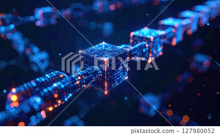 Futuristic digital cityscape with glowing blue data blocks interconnected by bright neon lines and a dark background emphasizing advanced technology and innovative graphics 127980052