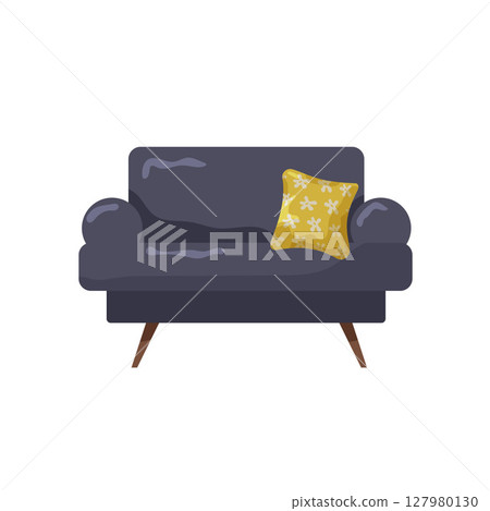 Modern couch with yellow pillow in a minimalist design setting Modern couch with yellow pillow in a minimalist design setting 127980130