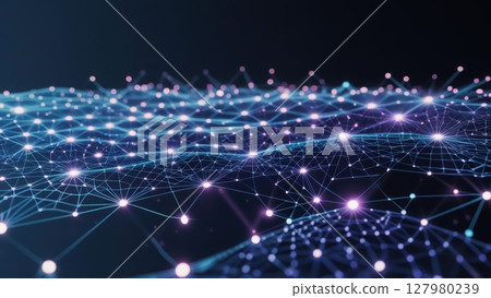 Abstract digital network visualization with interconnected glowing points and flowing lines representing technology connectivity and data communication 127980239