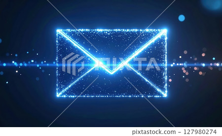 Digital glowing envelope icon with sparkling particles representing email or message communication in a futuristic style for technology or digital concept design 127980274
