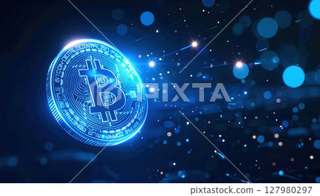 Digital Bitcoin cryptocurrency coin glowing with virtual technology effects and light particles on dark futuristic background for financial growth and innovation 127980297