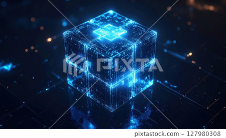 Futuristic digital cube with glowing blue matrix lines representing technology innovation and blockchain concept in a high tech cyber environment 127980308