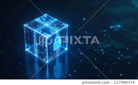 Futuristic digital cube with glowing lock icon representing cybersecurity security data protection or blockchain technology concept in a dark technological background 127980354