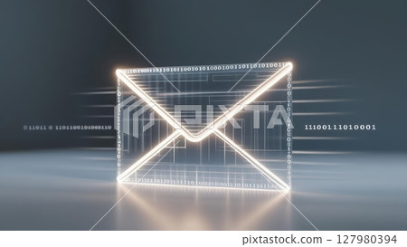Futuristic glowing email icon made of illuminated neon lights with digital binary numbers and data stream background on dark reflective surface 127980394
