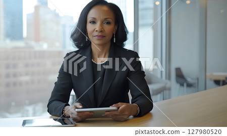 Confident businesswoman reviewing data on tablet. 127980520