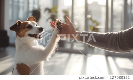 Dog and human highfive a pawsome moment. 127980521