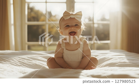 Babys Joyful Laugh in Sunny Bedroom. 127980525