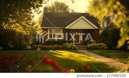 Charming Brick Ranch Home at Golden Hour. 127980526