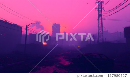 PostApocalyptic Sunset Cityscape. 127980527