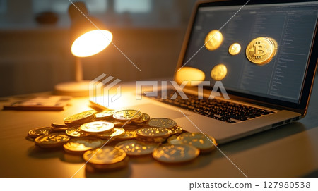 Bitcoin Digital Currency on Laptop Screen. Bitcoin Digital Currency on Laptop Screen. 127980538