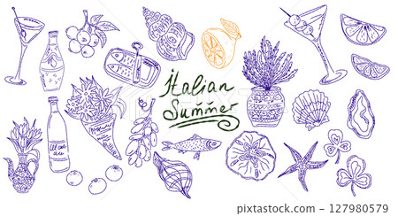 Whimsical hand drawn sketch set inspired by Mediterranean lifestyle. Includes food, drinks, flowers, summer decor and travel elements. Perfect for branding, packaging, prints, and stickers. Whimsical hand drawn sketch set inspired by Mediterranean lifestyle. Includes food, drinks, flowers, summer decor and travel elements. Perfect for branding, packaging, prints, and stickers. 127980579
