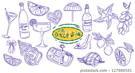 Whimsical hand drawn sketch set inspired by Mediterranean lifestyle. Includes food, drinks, flowers, summer decor and travel elements. Perfect for branding, packaging, prints, and stickers. 127980581