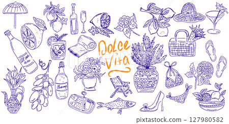 Whimsical hand drawn sketch set inspired by Mediterranean lifestyle. Includes food, drinks, flowers, summer decor and travel elements. Perfect for branding, packaging, prints, and stickers. 127980582
