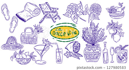 Whimsical hand drawn sketch set inspired by Mediterranean lifestyle. Includes food, drinks, flowers, summer decor and travel elements. Perfect for branding, packaging, prints, and stickers. 127980583
