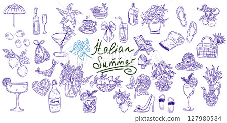 Whimsical hand drawn sketch set inspired by Mediterranean lifestyle. Includes food, drinks, flowers, summer decor and travel elements. Perfect for branding, packaging, prints, and stickers. 127980584