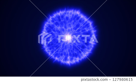 Electric blue glowing sphere with a bright center and textured energy surface on a deep blue background Electric blue glowing sphere with a bright center and textured energy surface on a deep blue background 127980615