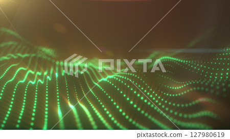 Abstract futuristic background featuring green glowing digital particles forming dynamic waves, sci-fi and tech concept Abstract futuristic background featuring green glowing digital particles forming dynamic waves, sci-fi and tech concept 127980619