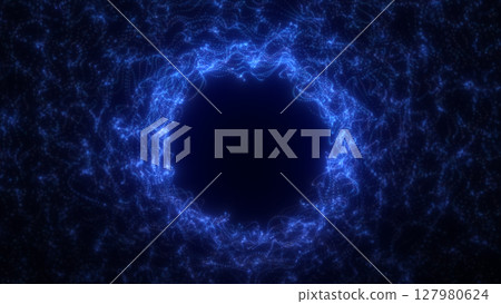 Radiant electric-blue energy portal swirling inward with symmetrical light strands and glowing edges 127980624