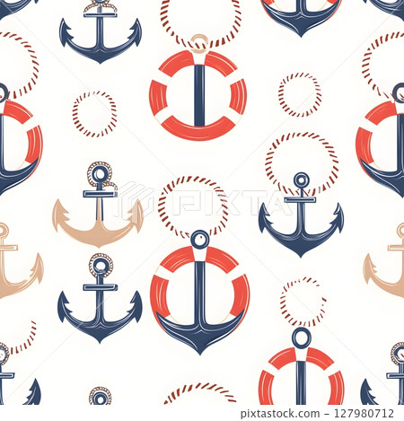 Nautical Anchors and Life Preservers Seamless Pattern. 127980712