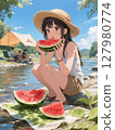 河畔營地吃西瓜的女孩 127980774