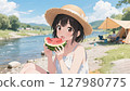 河畔營地吃西瓜的女孩 127980775