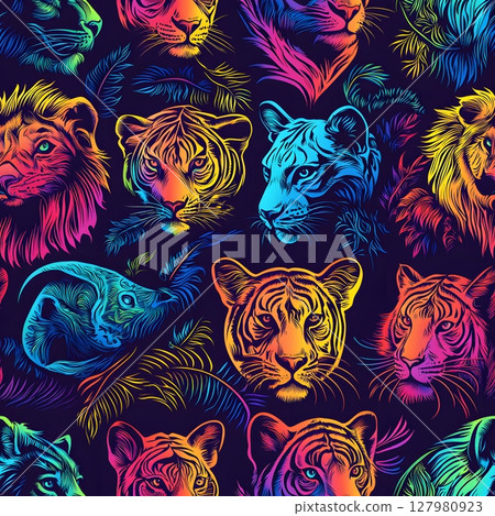 Vibrant Rainbow Big Cats Tropical Print. 127980923