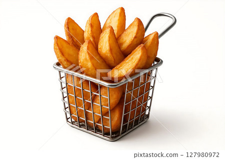 Crispy rustic potato wedges in metal wire basket 127980972