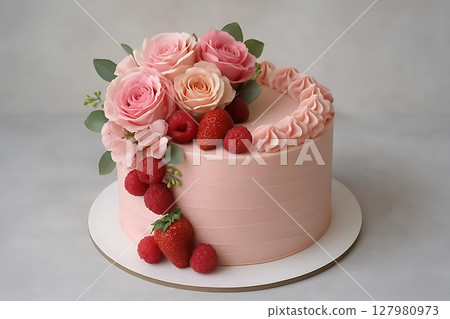 Elegant pink cake decorated with berries and roses 127980973