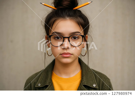Young woman with glasses and pencils in her hair 127980974